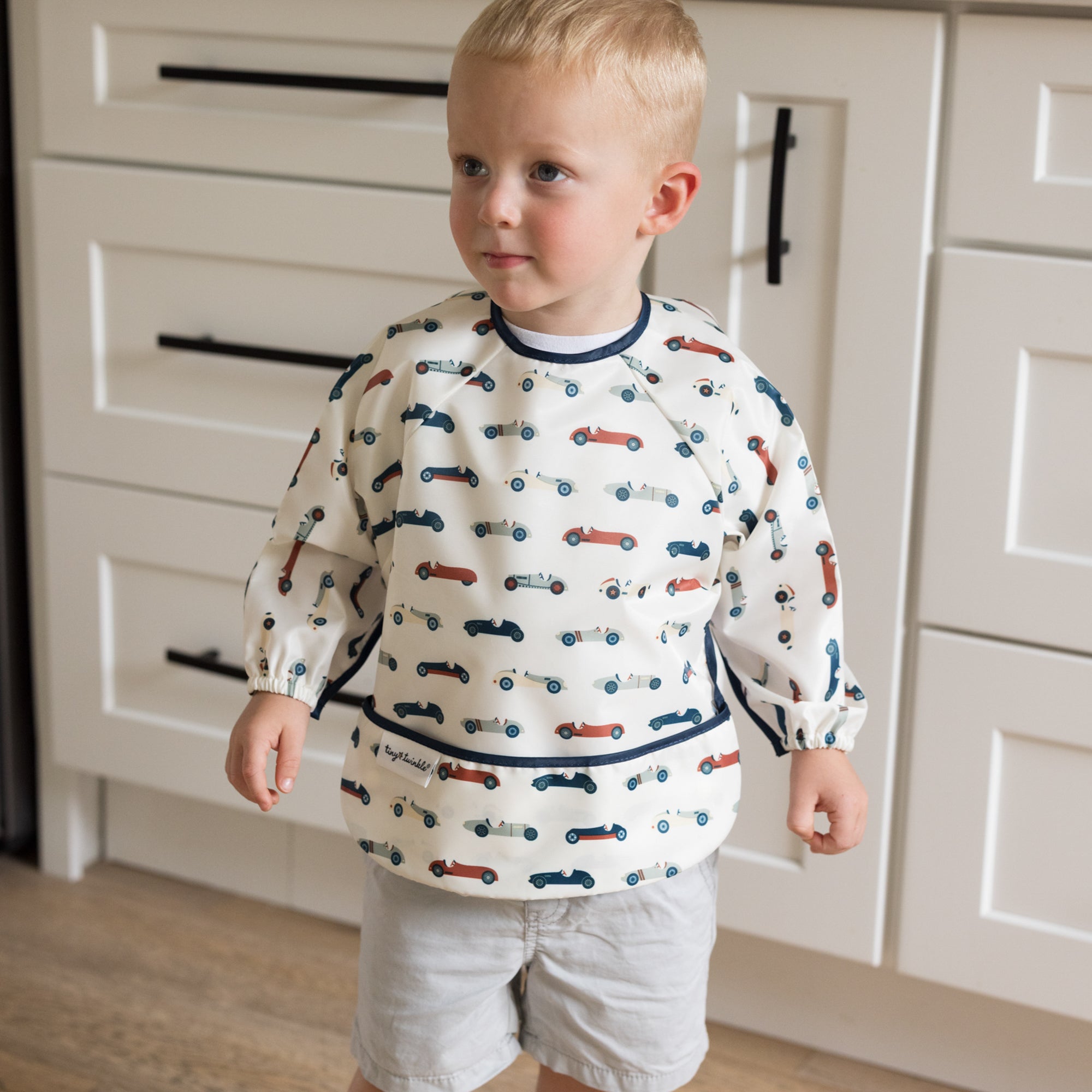 Tiny Twinkle - Mess-Proof Full Sleeve Bib - Vintage Cars - Small for 6-24 Months