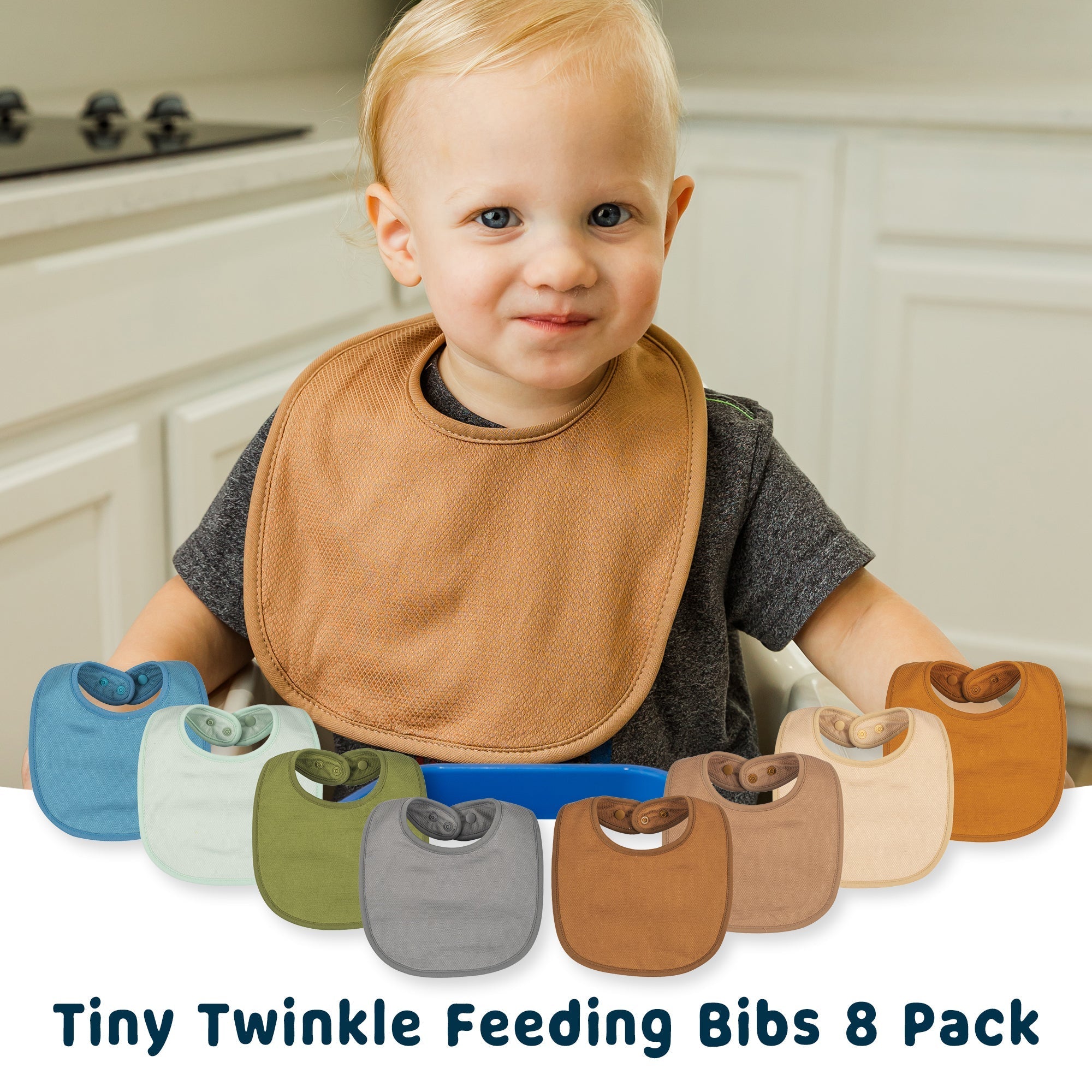 Tiny Twinkle - Kaffle® Feeder Bib 8 Pack - Blue, Olive Green, Grey & Brown Set