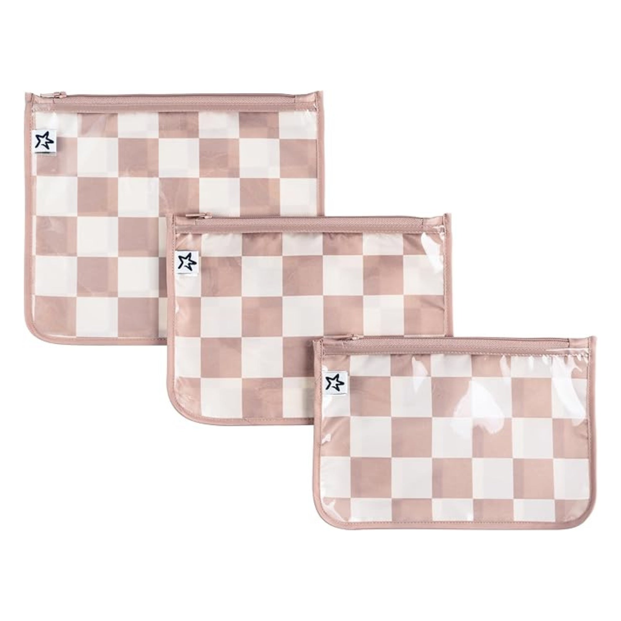 Tiny Twinkle - Mess - Proof Clear Travel Bags - 3 Pack Set - Beige Checkers