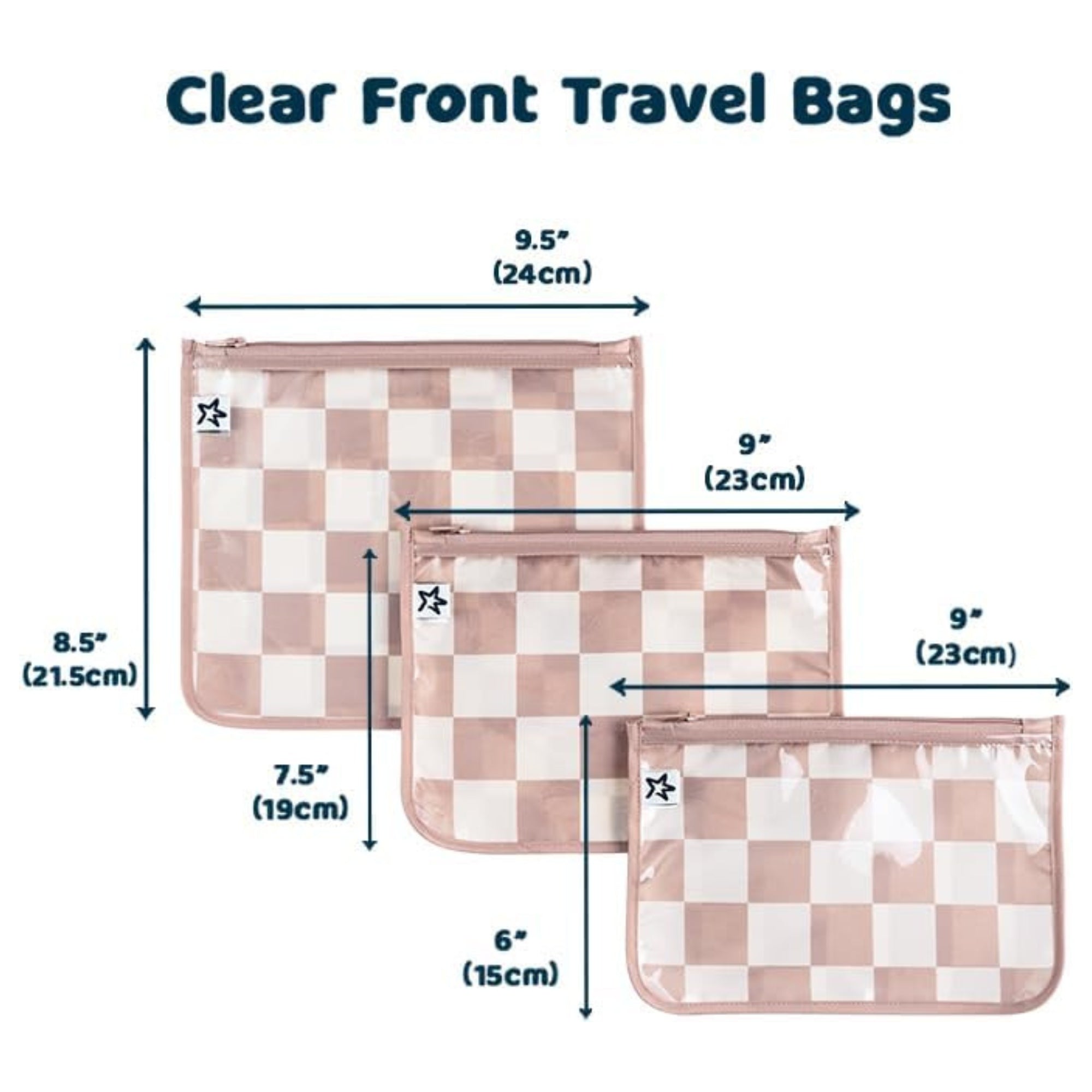 Tiny Twinkle - Mess - Proof Clear Travel Bags - 3 Pack Set - Beige Checkers