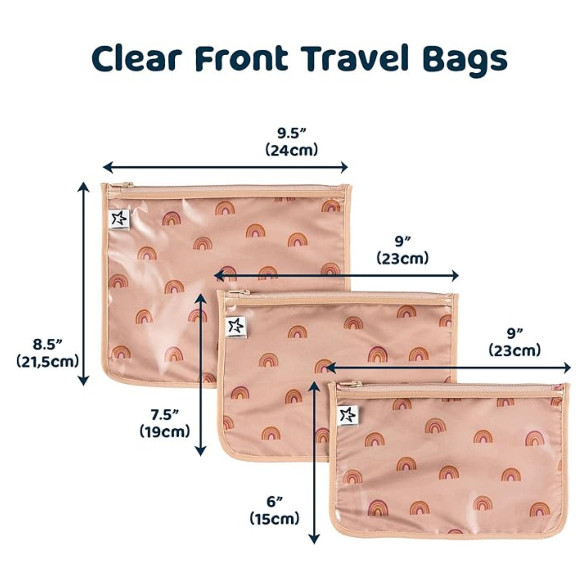 Tiny Twinkle - Mess - Proof Clear Travel Bags - 3 Pack Set - Boho Rainbow