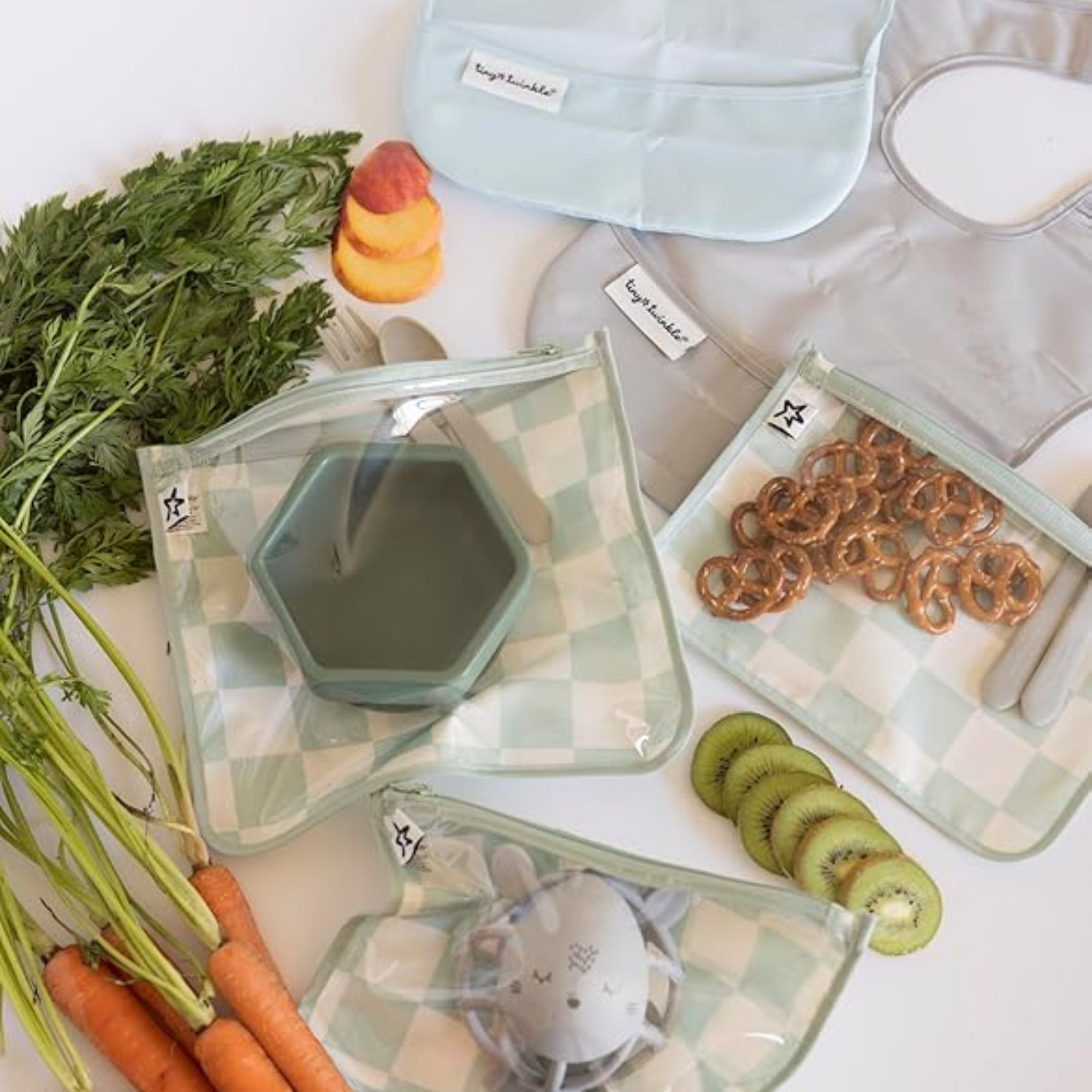 Tiny Twinkle - Mess - Proof Clear Travel Bags - 3 Pack Sets - Sage Checkers
