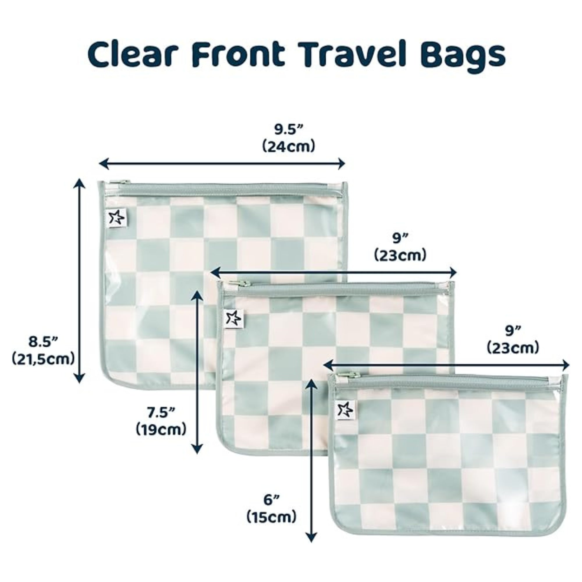 Tiny Twinkle - Mess - Proof Clear Travel Bags - 3 Pack Sets - Sage Checkers