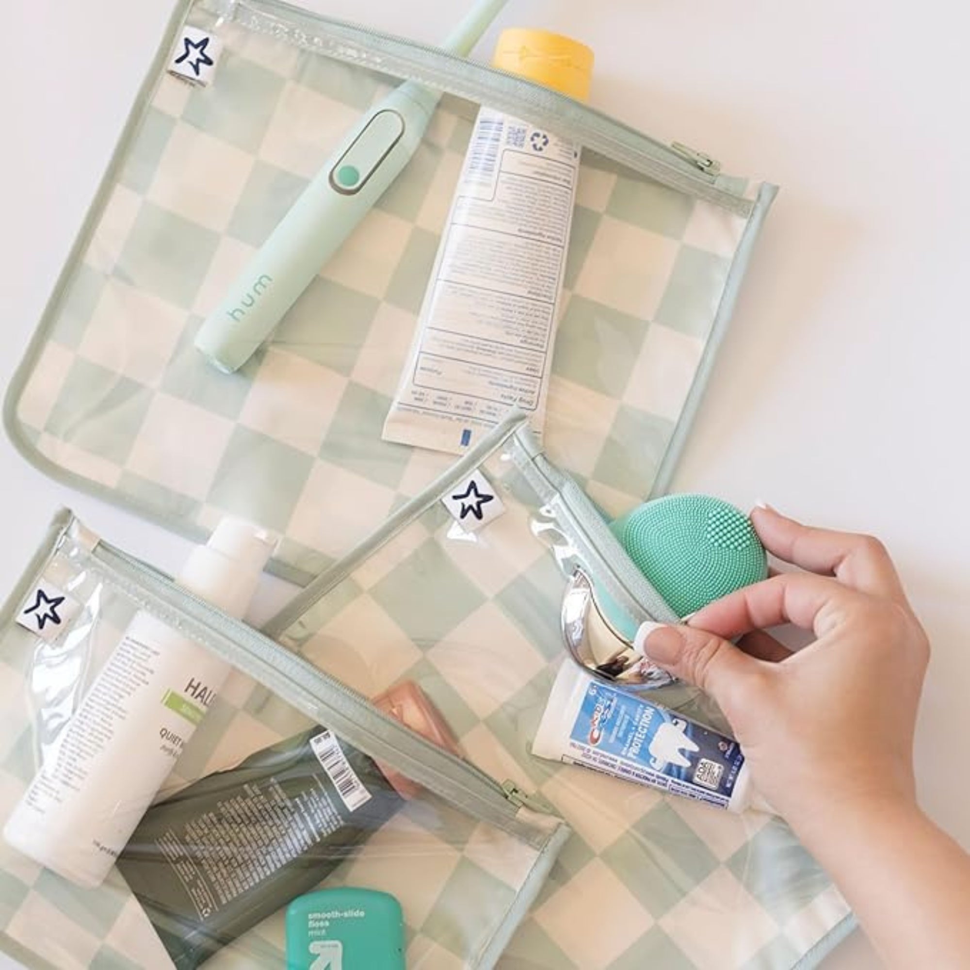 Tiny Twinkle - Mess - Proof Clear Travel Bags - 3 Pack Sets - Sage Checkers