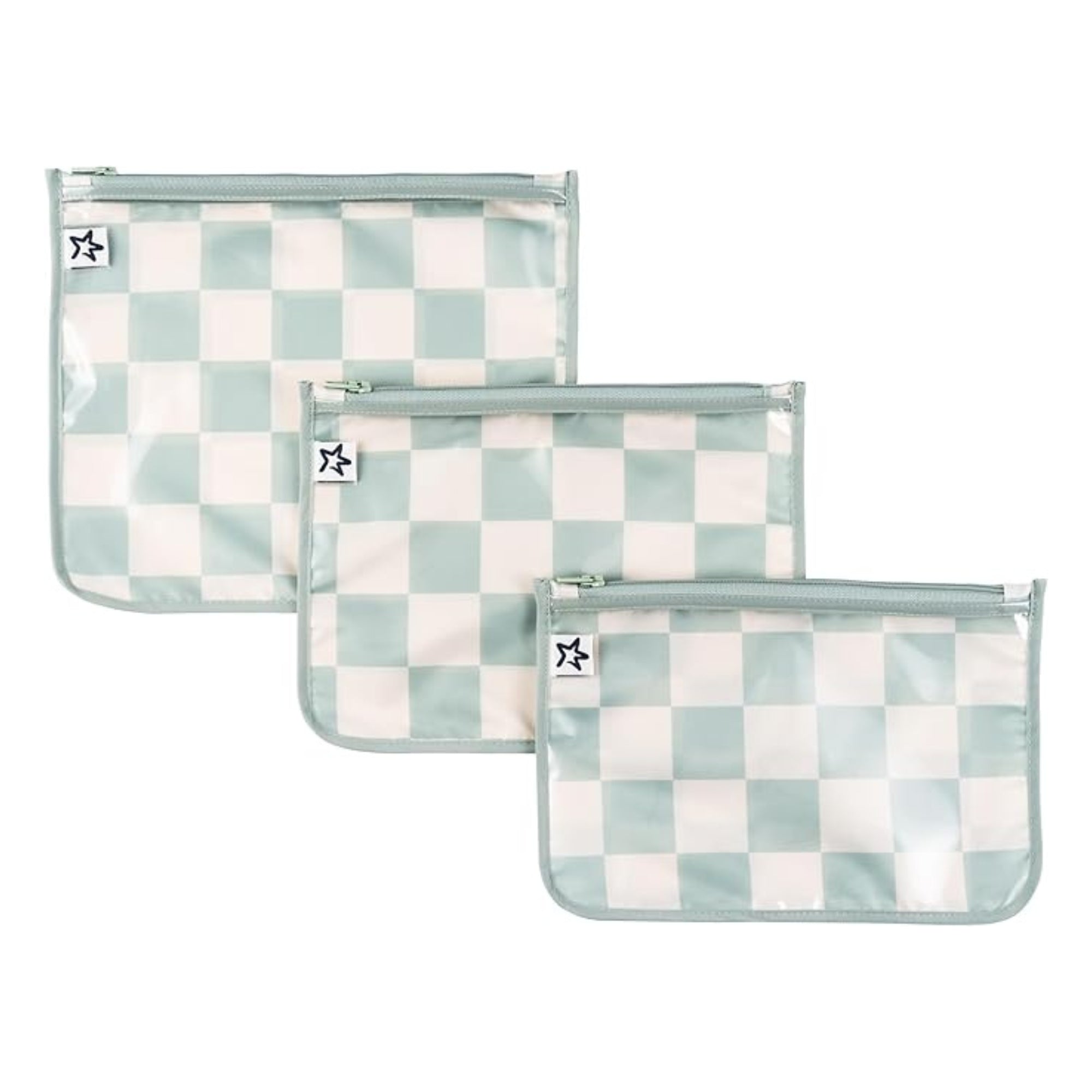 Tiny Twinkle - Mess - Proof Clear Travel Bags - 3 Pack Sets - Sage Checkers
