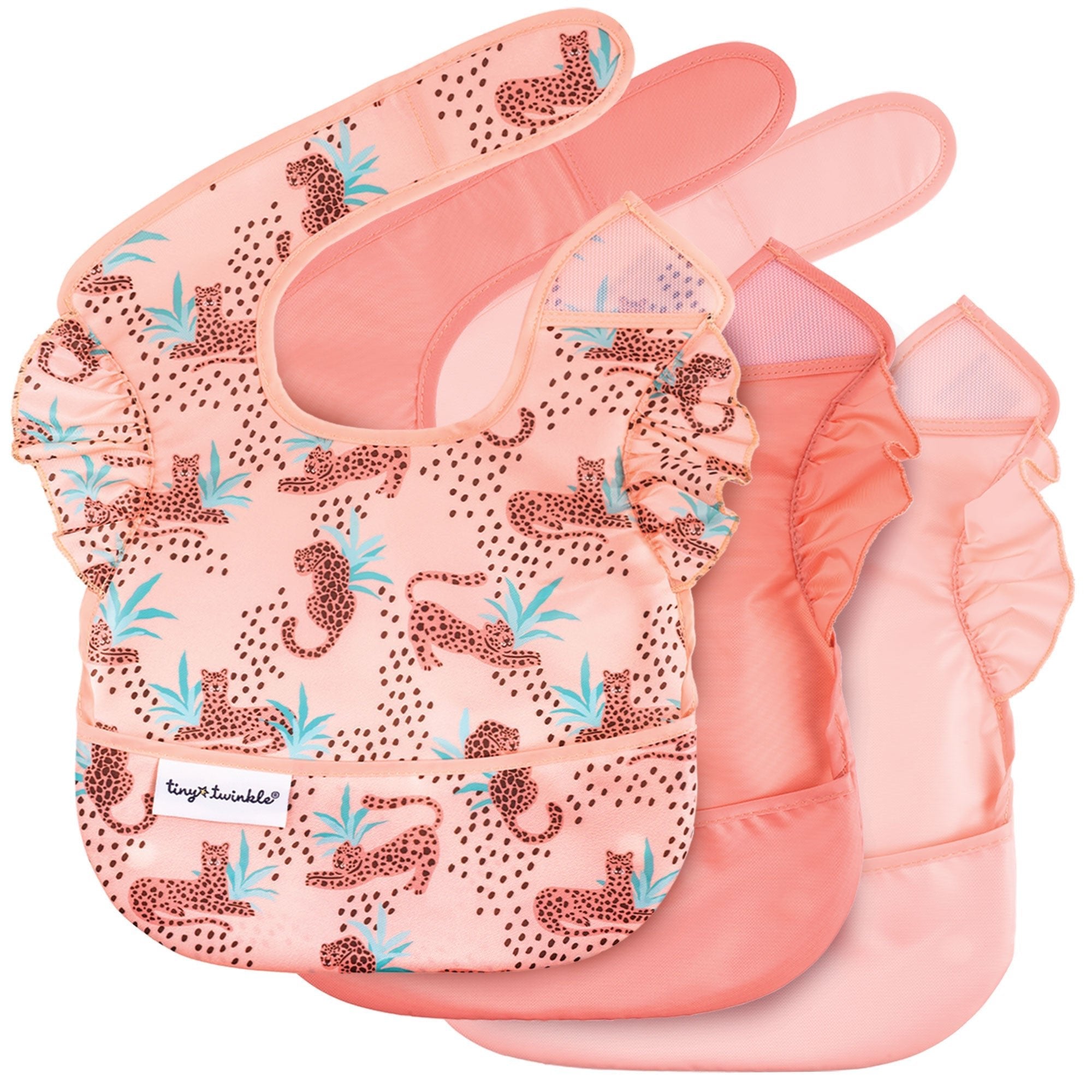 Tiny Twinkle - Mess - Proof Easy Bib 3 Pack - Leopard, Coral & Pale Peach Set