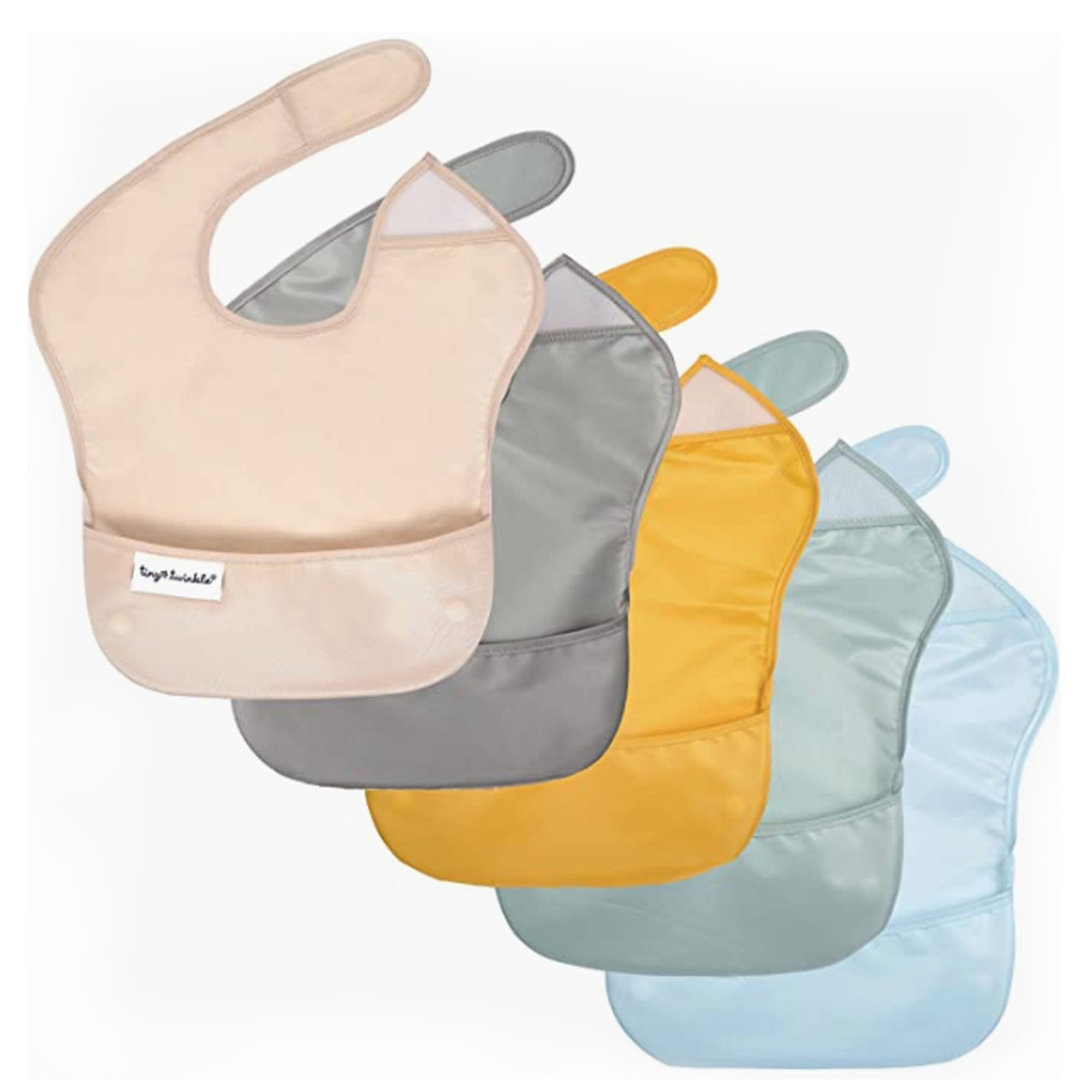Tiny Twinkle - Mess - Proof Easy Bib 5 Pack - Pastel Beige, Grey, Yellow, Sage and Blue Set