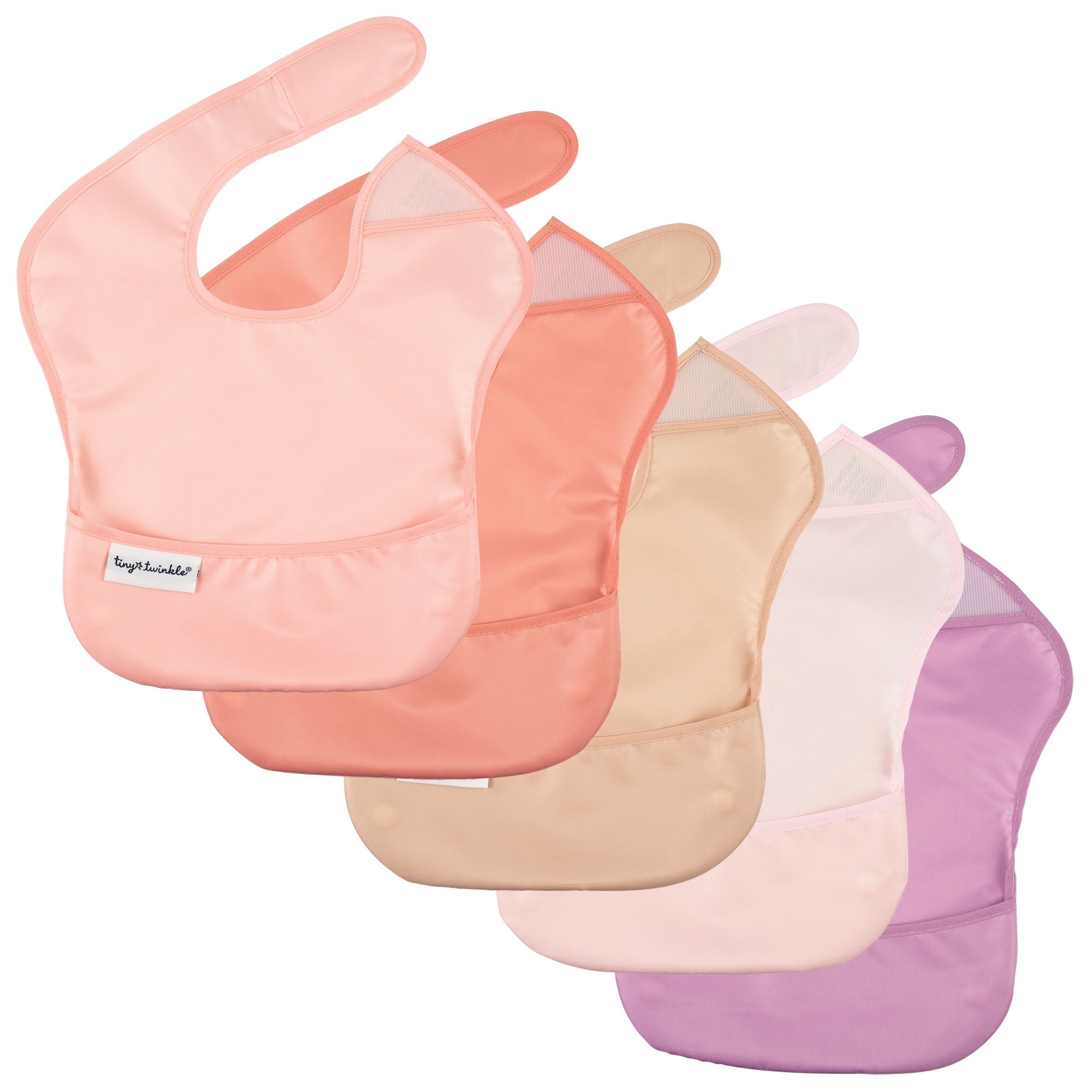 Tiny Twinkle - Mess - Proof Easy Bib 5 Pack - Pastel Pink, Coral, Beige & Lavender Set