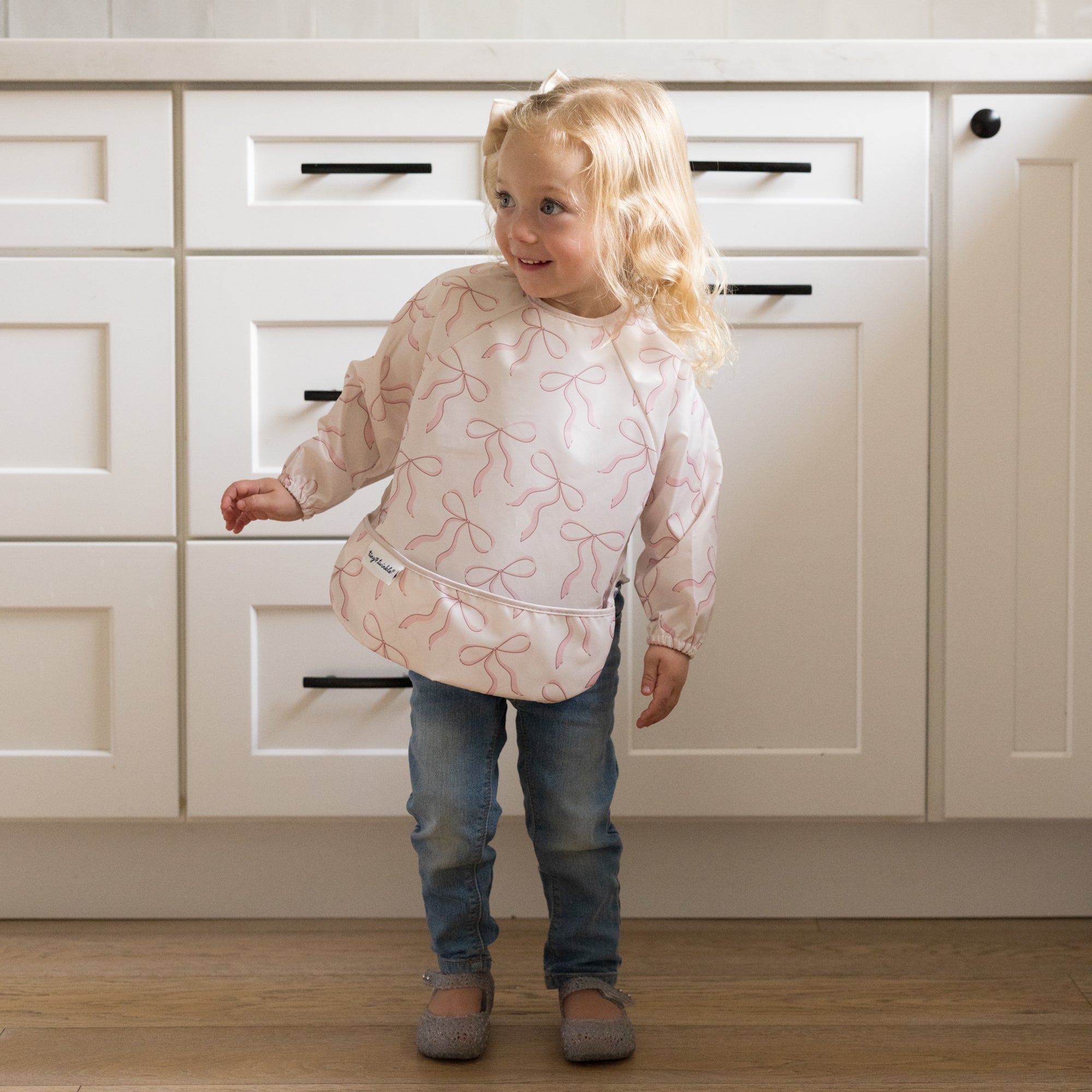 Tiny Twinkle - Mess - Proof Full Sleeve Bib - Bows - Small for 6 - 24 Months