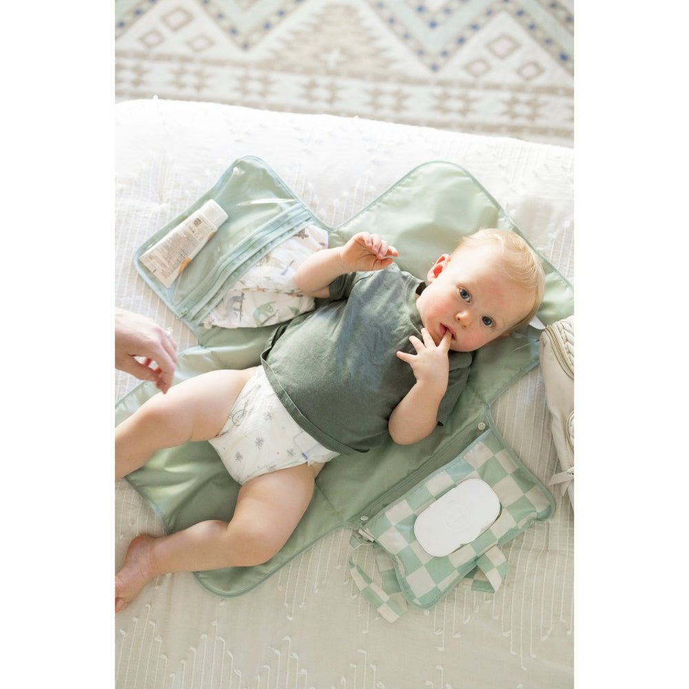 Tiny Twinkle - Mess - Proof Portable Nappy Changing Pad - Sage Checkers