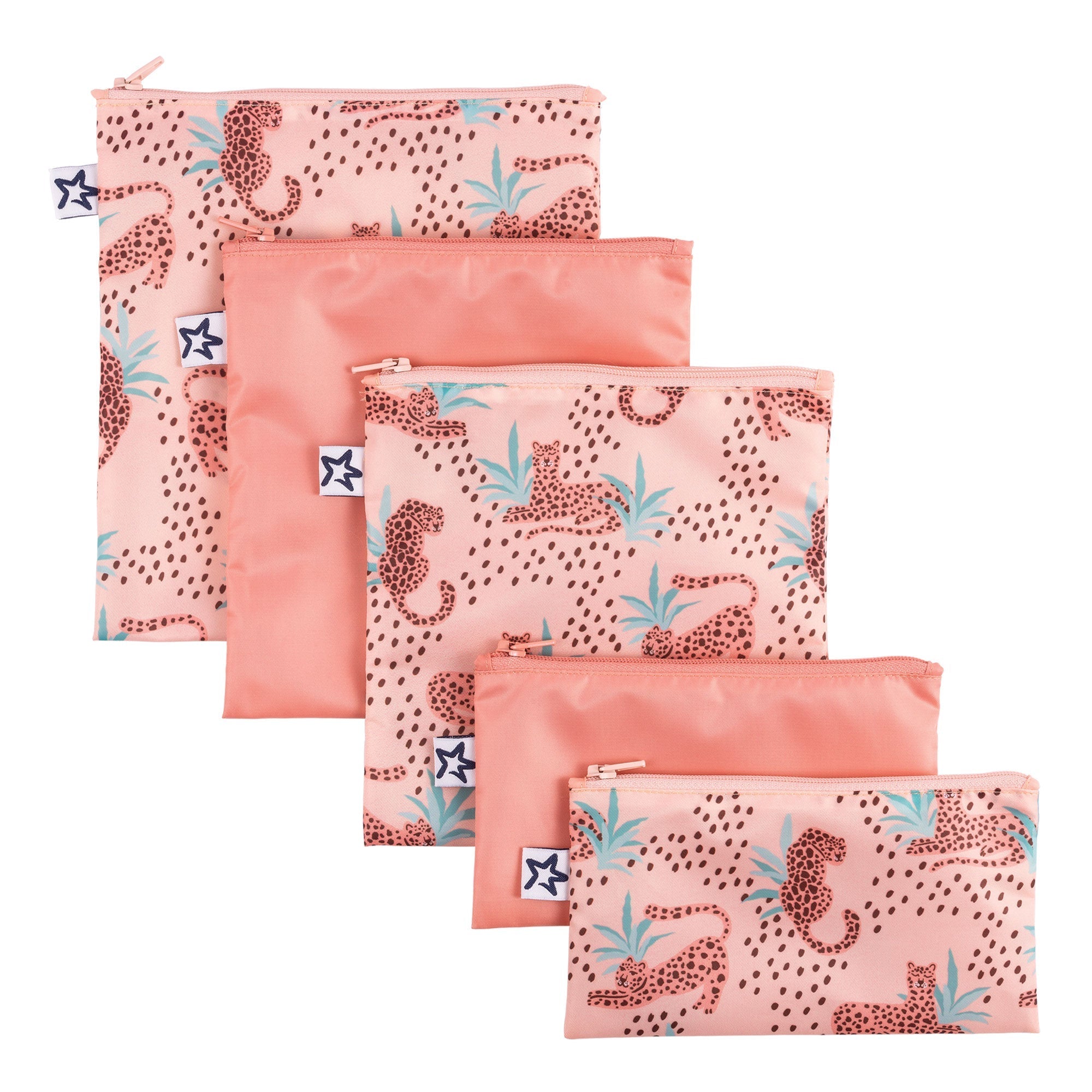 Tiny Twinkle - Mess - Proof Snack Bag 5 Pack - Leopard & Coral Colours