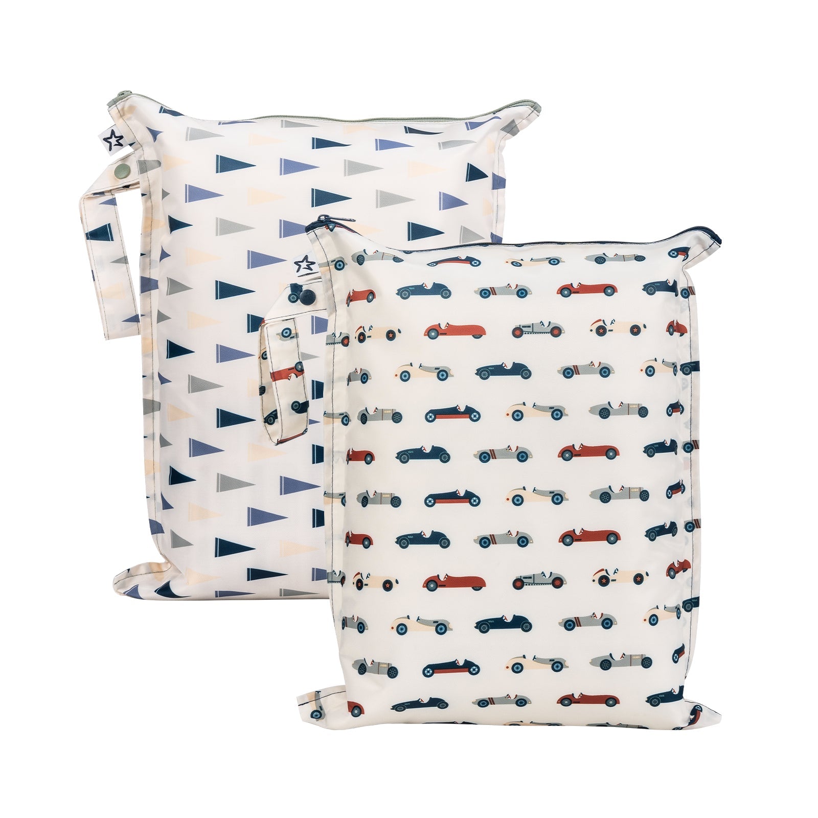 Tiny Twinkle - Mess-Proof Waterproof Wet Dry Bags | 2 Pack Sets - Vintage Cars, Varsity Flags