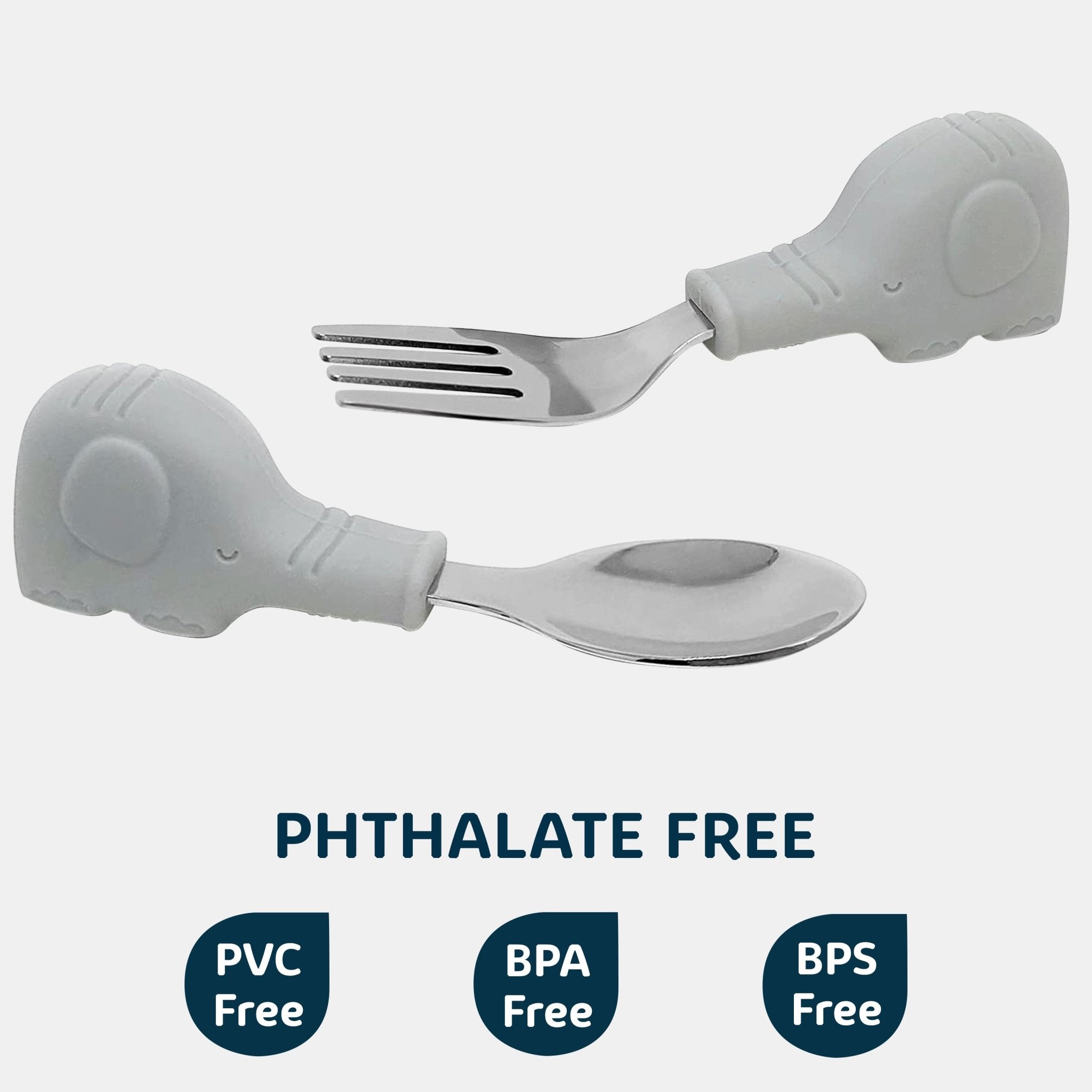 Tiny Twinkle - Silicone Stainless Steel Training Utensils - Grey Elephant