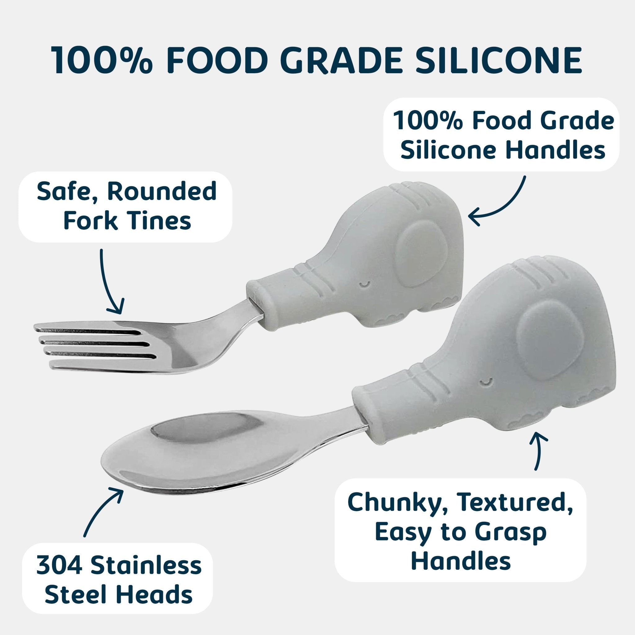 Tiny Twinkle - Silicone Stainless Steel Training Utensils - Grey Elephant