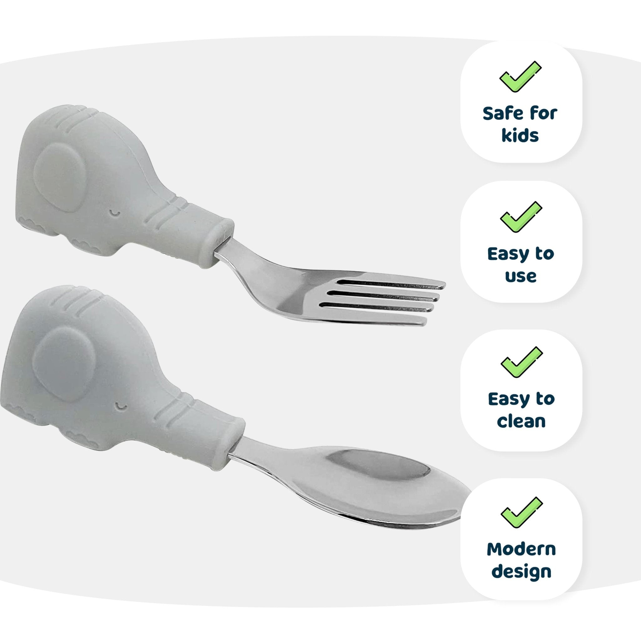 Tiny Twinkle - Silicone Stainless Steel Training Utensils - Grey Elephant