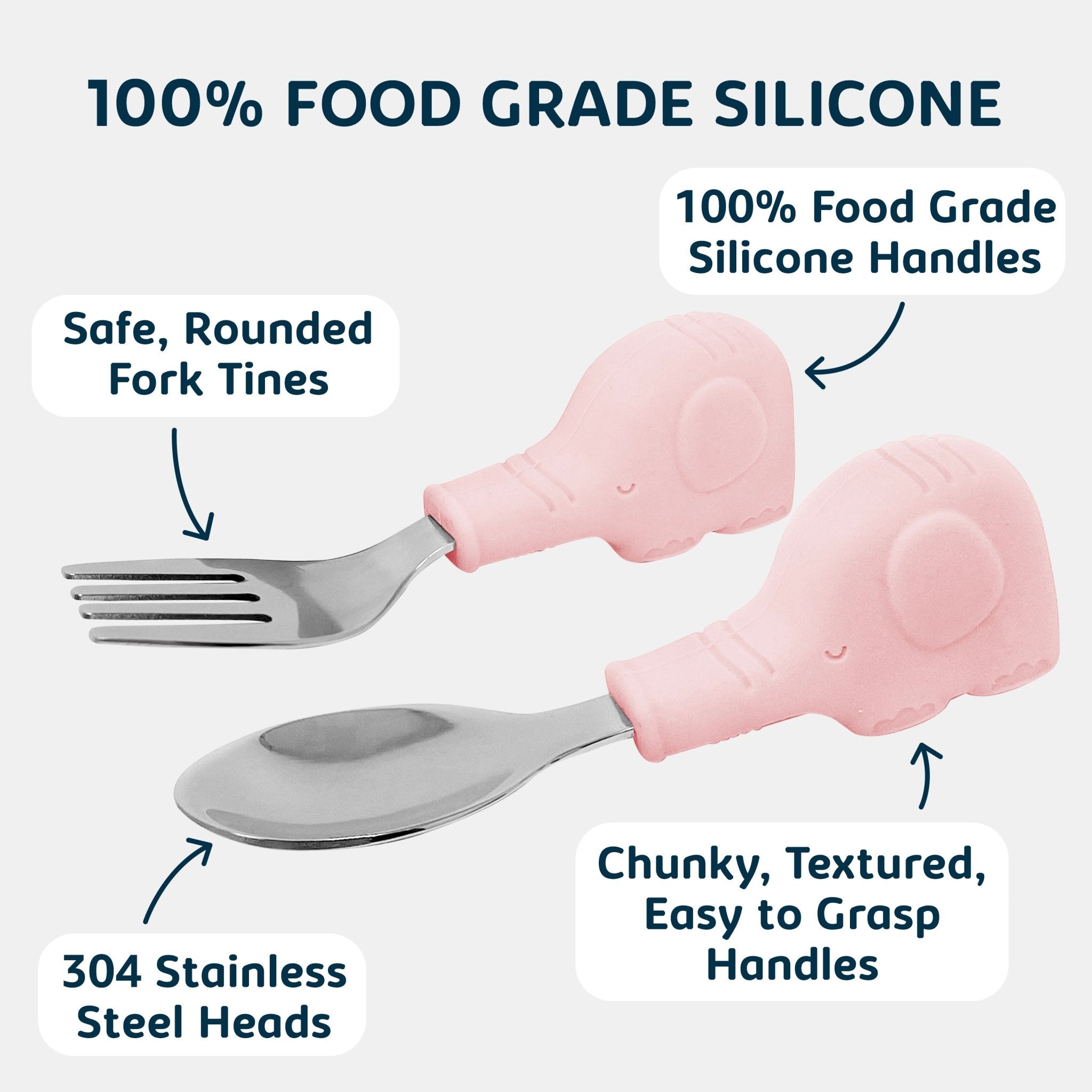 Tiny Twinkle - Silicone Stainless Steel Training Utensils - Pink Elephant