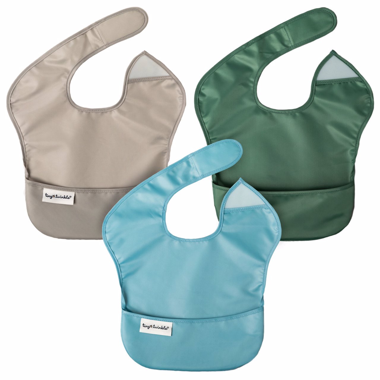 Tiny Twinkle - Mess-Proof Easy Bib Set of 3 - Grey, Light Blue & Green