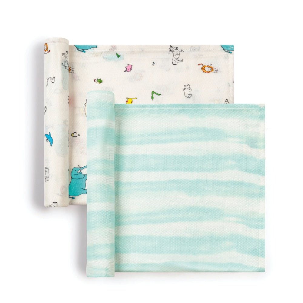 Tiny Twinkle - Kaffle® Swaddle Blanket 2 Pack - Zoo & Ocean Stripe