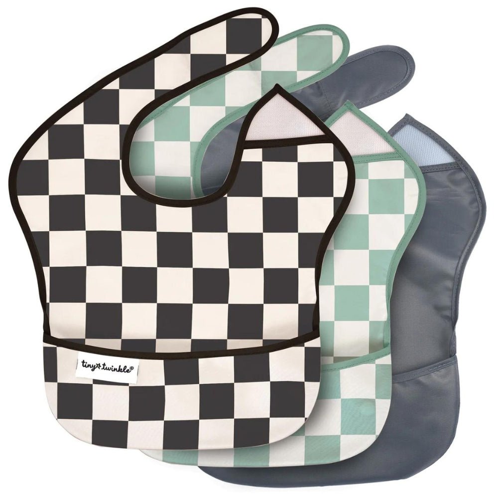 Tiny Twinkle - Mess - Proof Easy Bib 3 Pack - Black, Sage Checkers & Dark Grey
