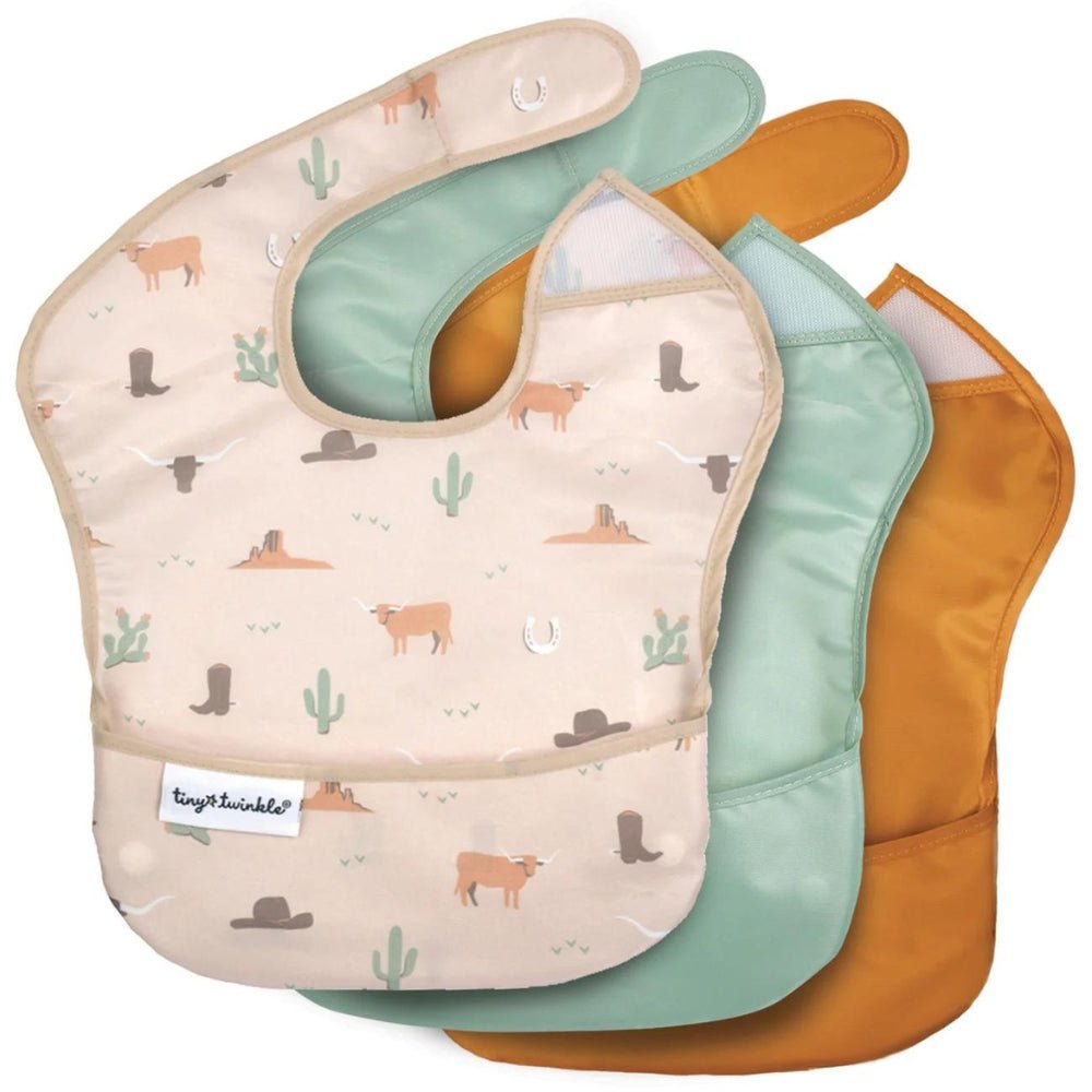 Tiny Twinkle - Mess - Proof Easy Bib 3 pack - Cowboy, Cinnamon, Sage