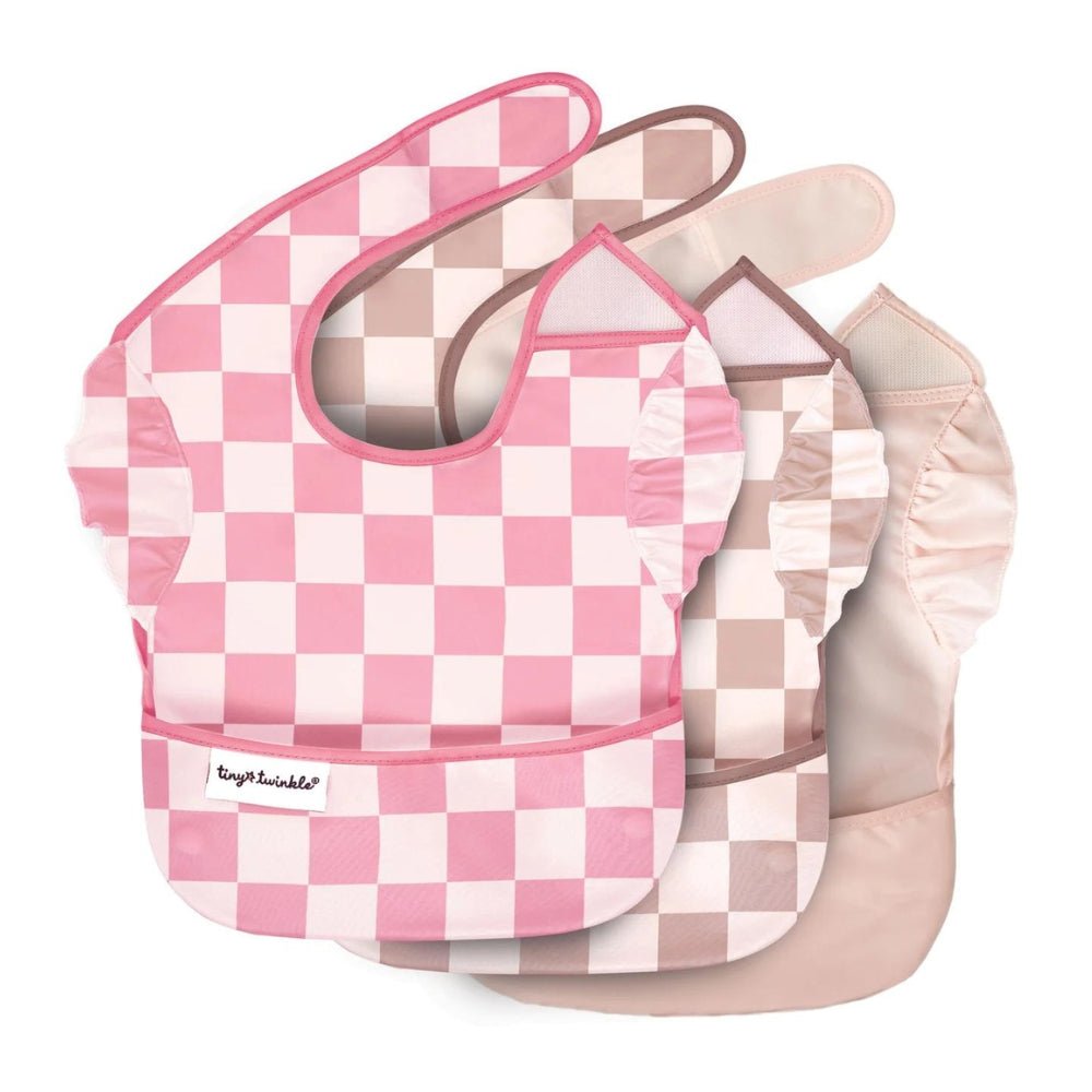 Tiny Twinkle - Mess - Proof Easy Bib with Ruffles 3 Pack - Pink, Beige Checkers & Light Pink