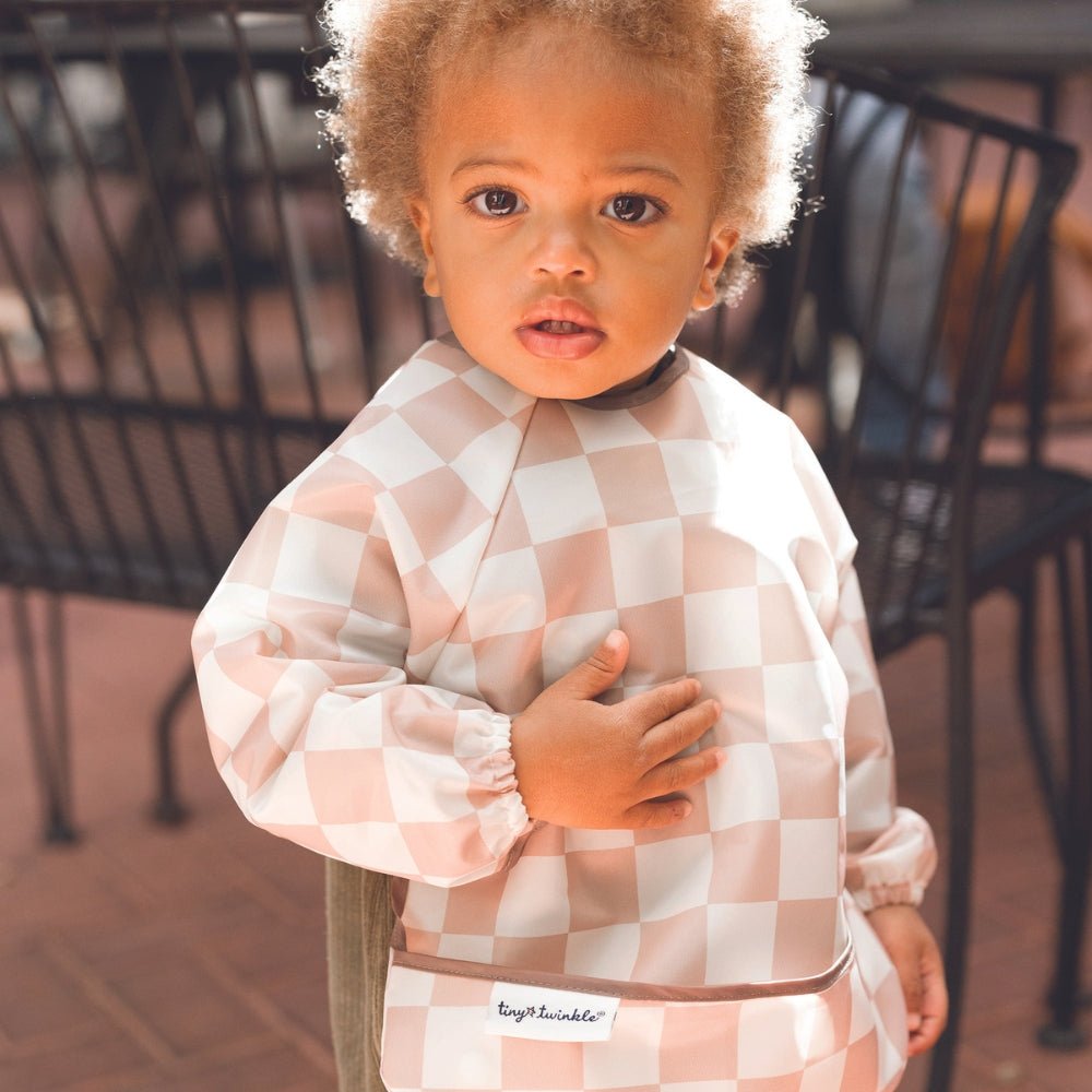 Tiny Twinkle - Mess - Proof Long Sleeve Bib - Beige Checkers