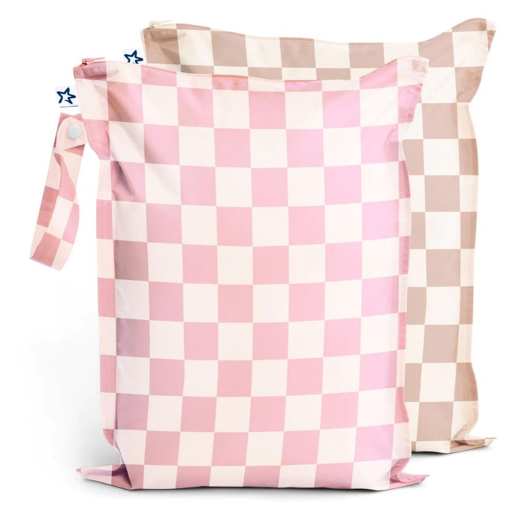 Tiny Twinkle - Mess - Proof Wet Bag 2 PK - Pink & Beige Checkers