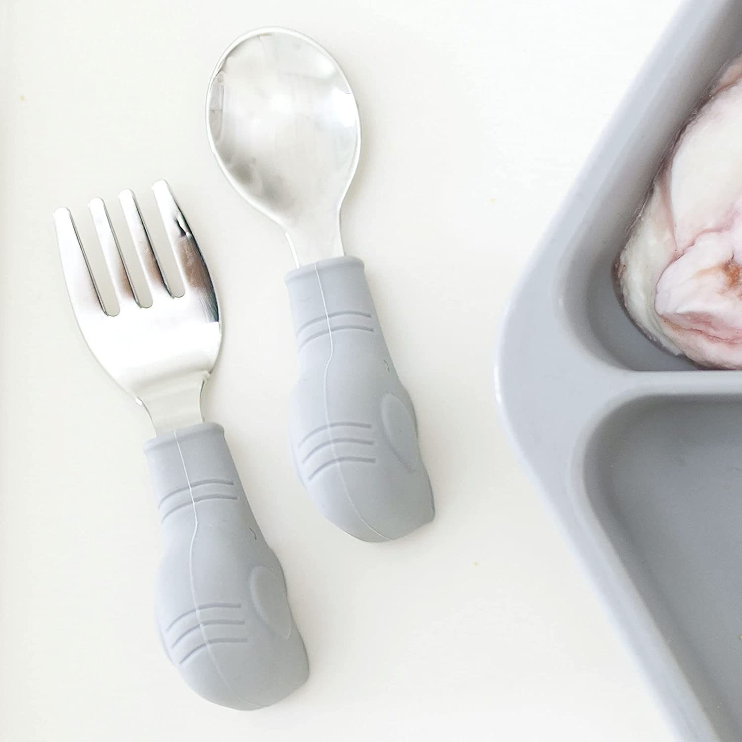 Tiny Twinkle - Silicone Stainless Steel Training Utensils - Grey Elephant