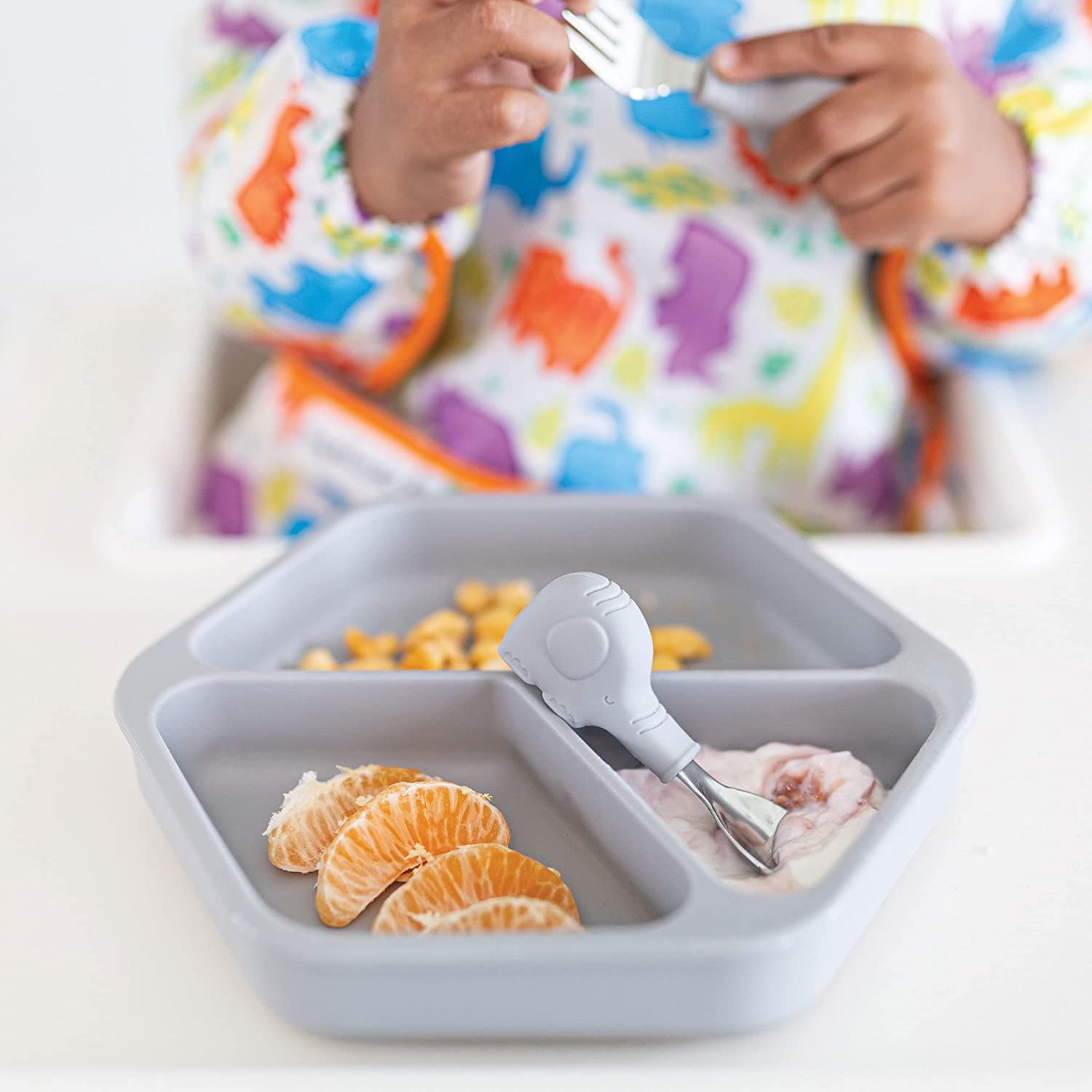 Tiny Twinkle - Silicone Stainless Steel Training Utensils - Grey Elephant