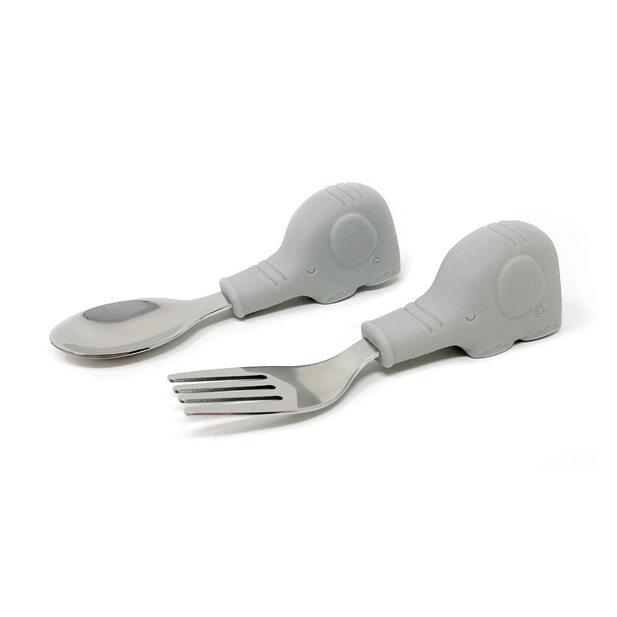 Tiny Twinkle - Silicone Stainless Steel Training Utensils - Grey Elephant