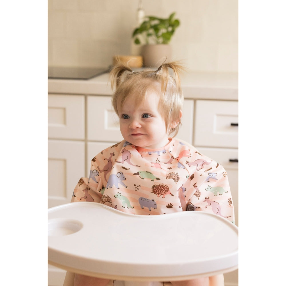 Tiny Twinkle - Mess Proof Long Sleeve Bibs - Aussie Animals Outback Pink