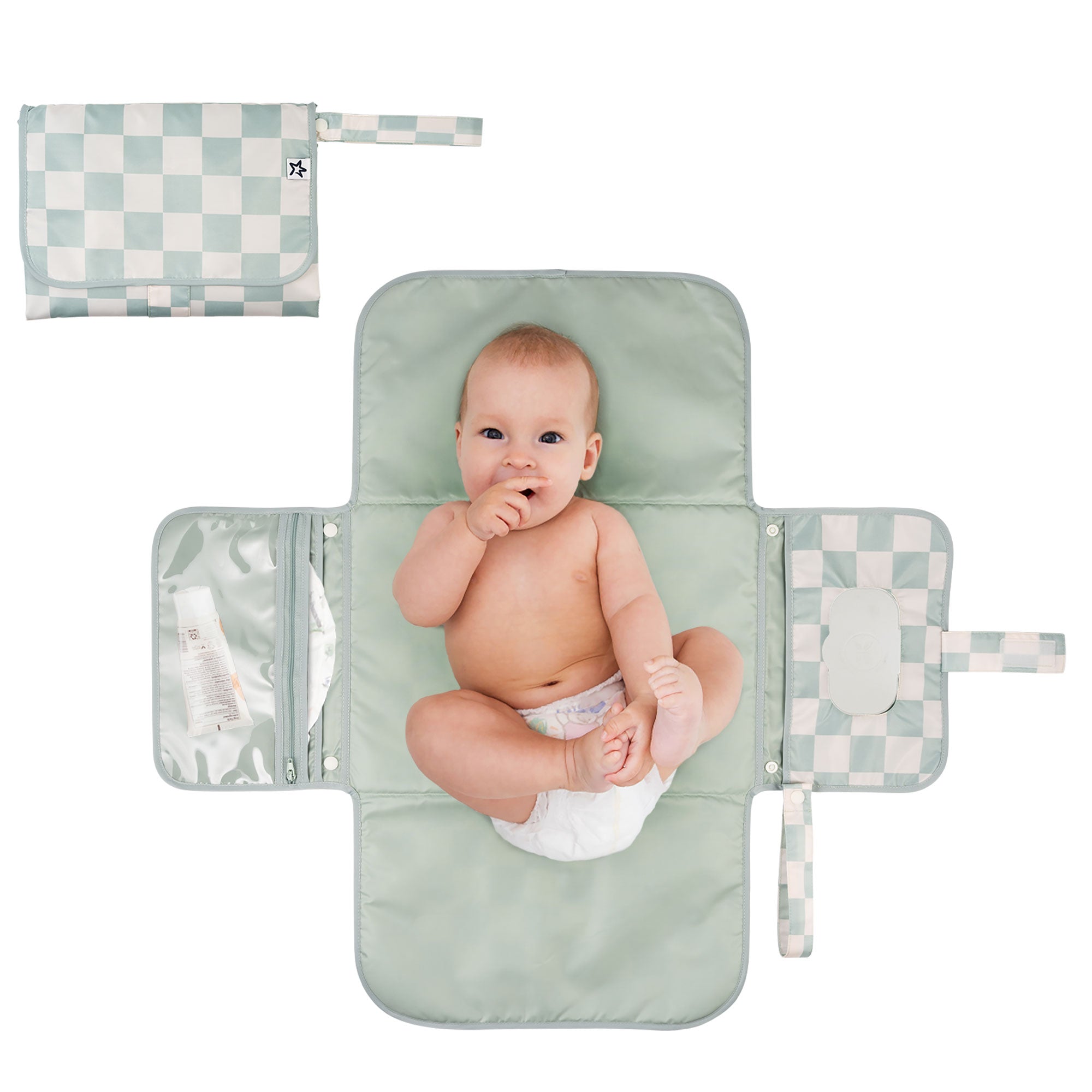 Tiny Twinkle - Portable Nappy Changing Pad - Sage Checkers