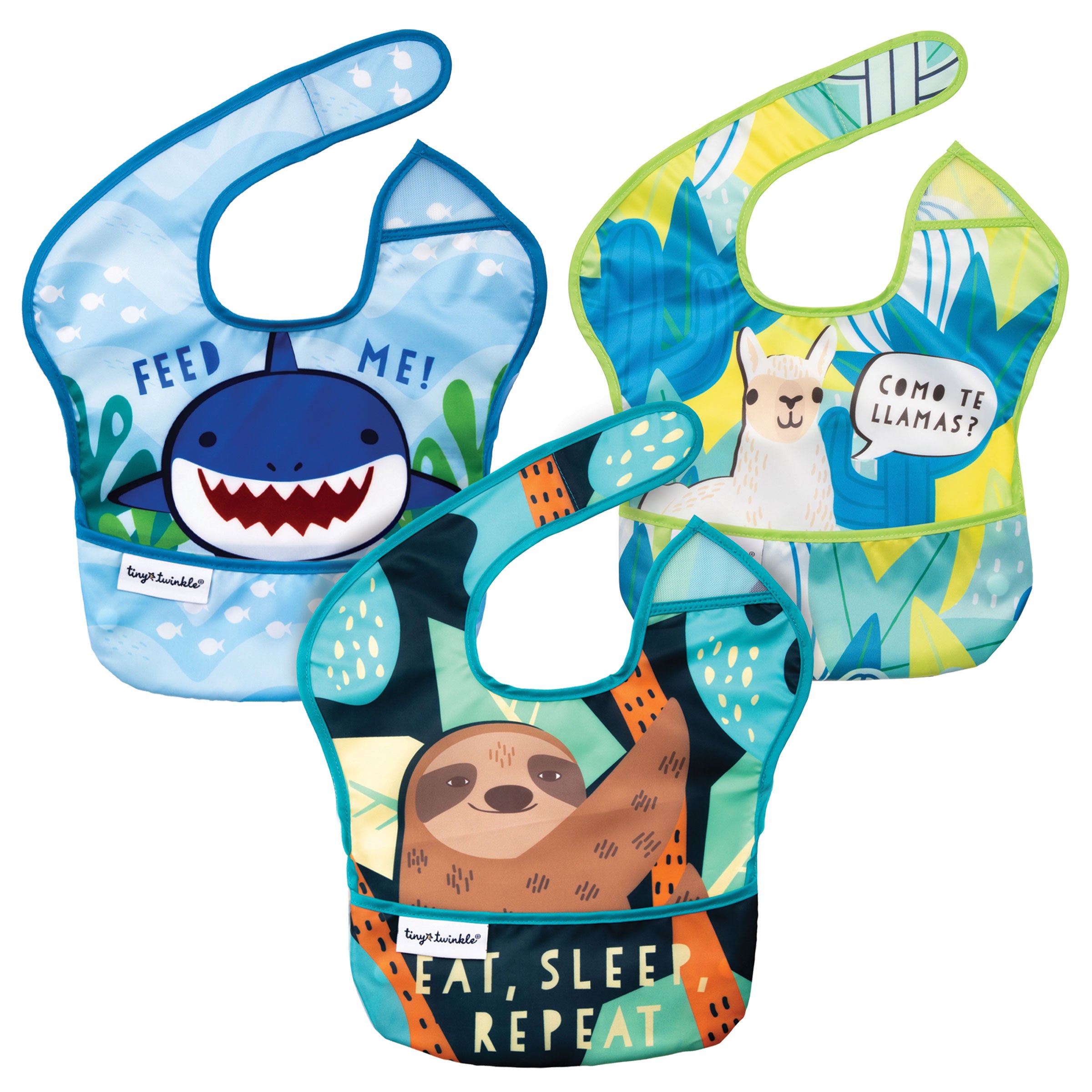 Tiny Twinkle - Mess-Proof Easy Bib 3 Pack - Llama, Sloth, & Shark Set