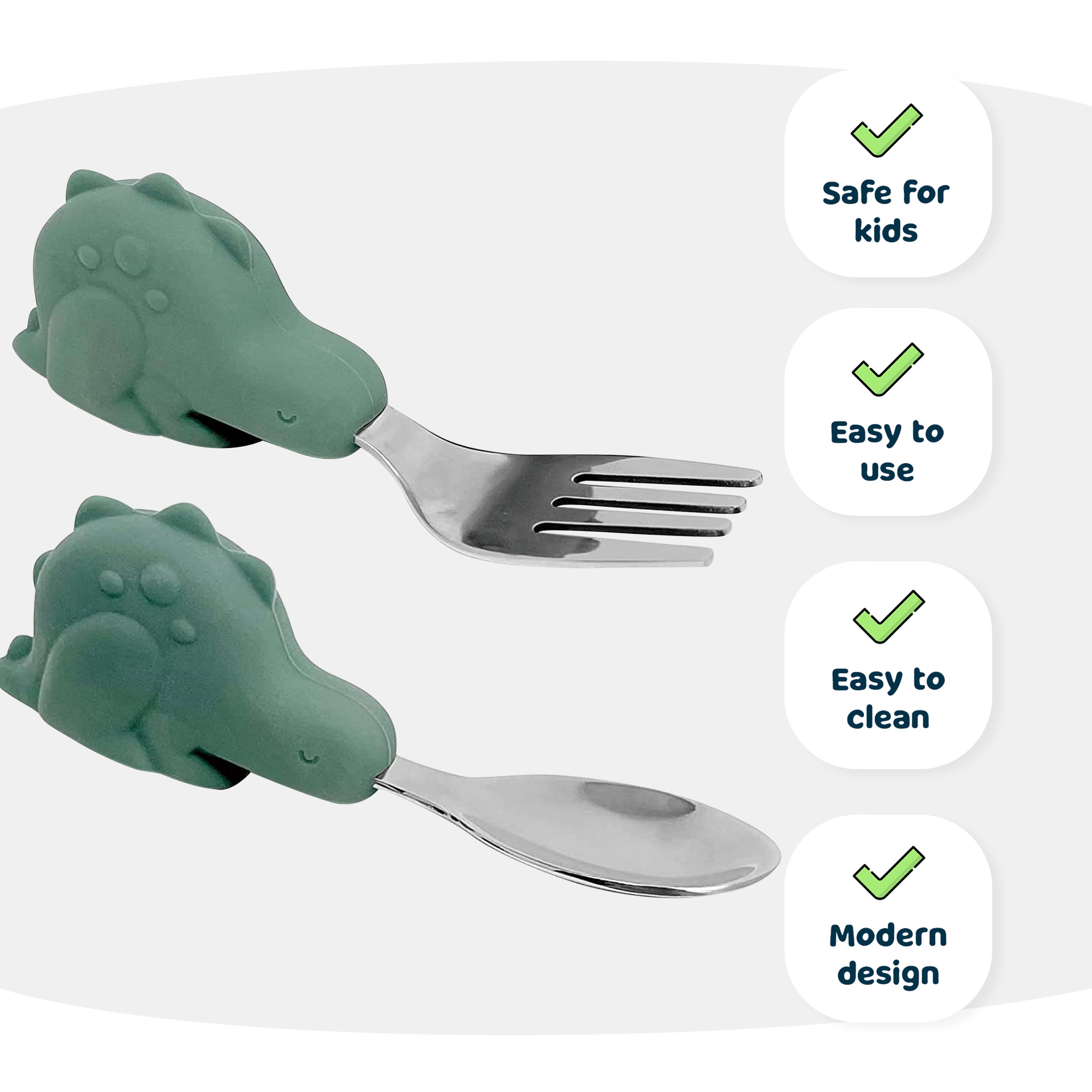 Tiny Twinkle - Silicone Stainless Steel Training Utensils - Olive Dino