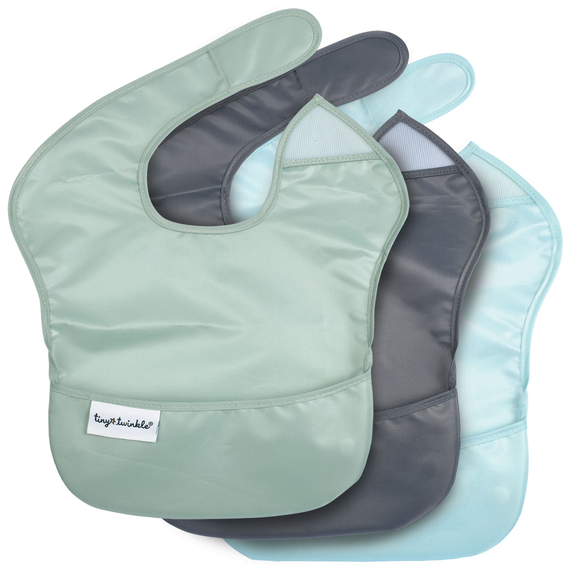 Tiny Twinkle - Mess - Proof Easy Bib Pack of 3 - Solid Sage, Charcoal, Ice Blue