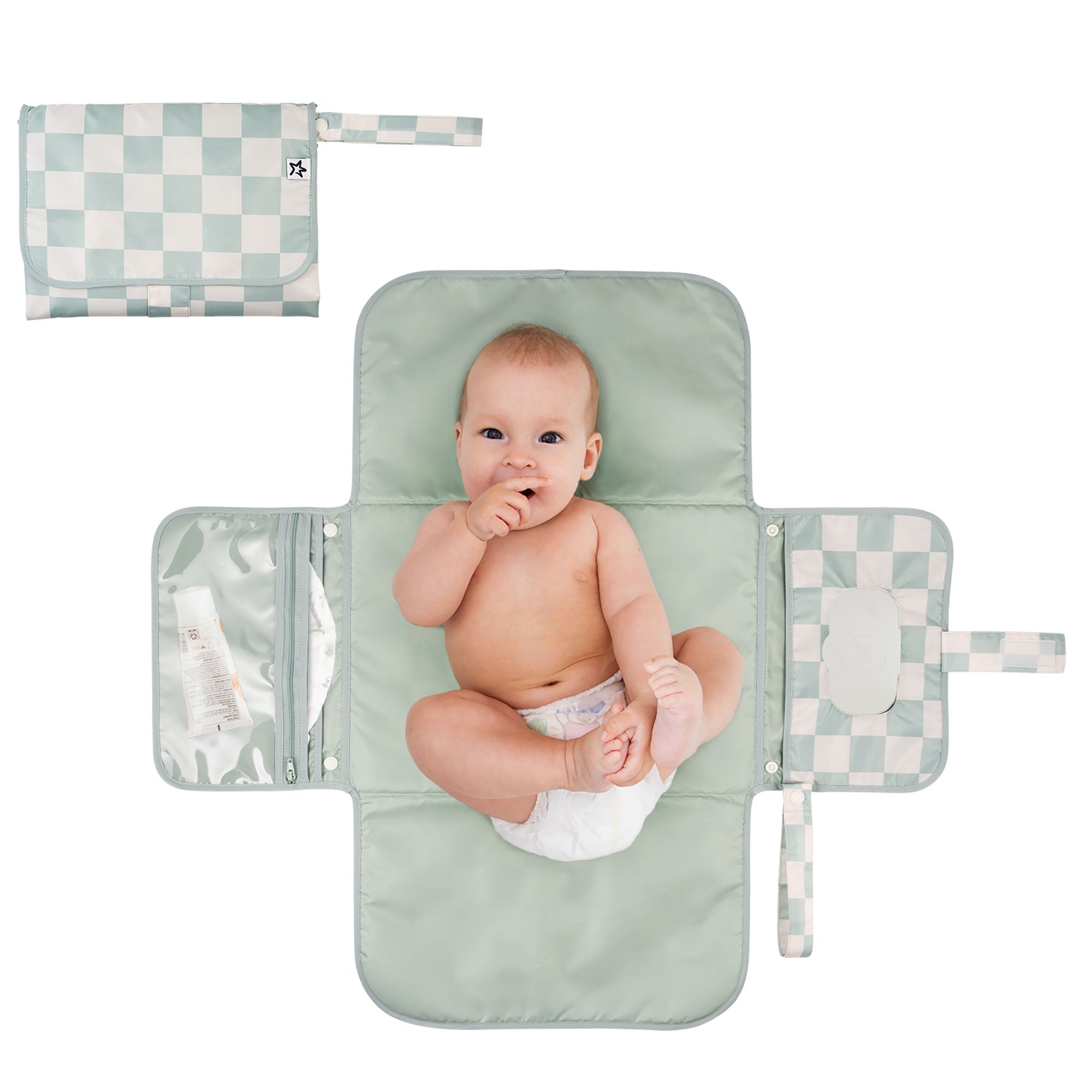 Tiny Twinkle - Mess - Proof Portable Nappy Changing Pad - Sage Checkers