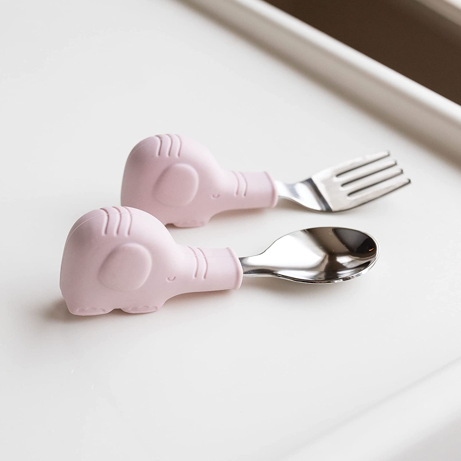 Tiny Twinkle - Silicone Stainless Training Utensils - Pink Elephant