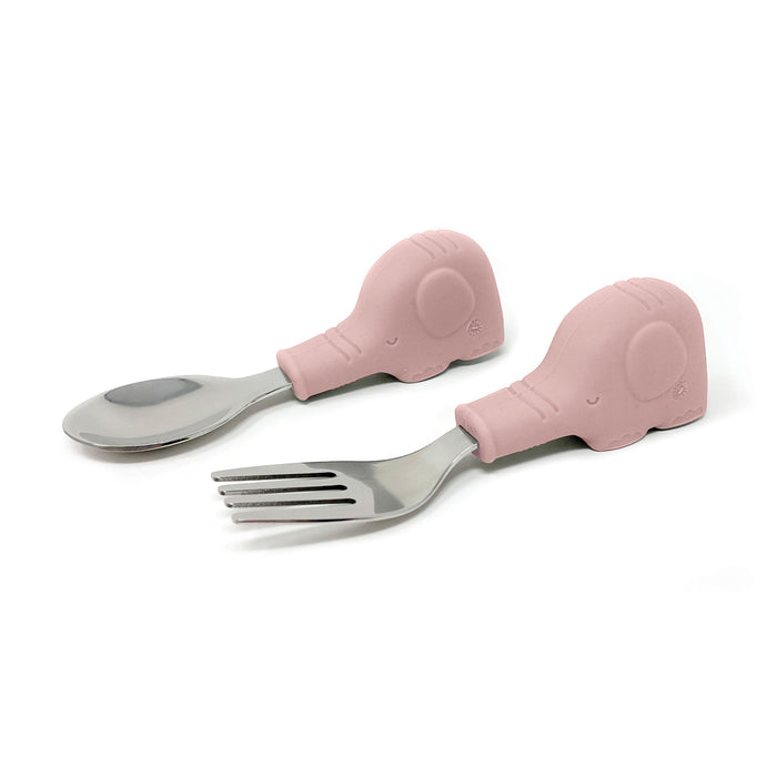 Tiny Twinkle - Silicone Stainless Training Utensils - Pink Elephant