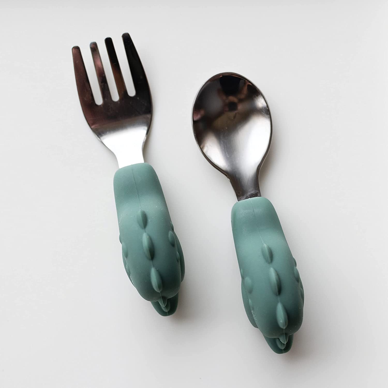 Tiny Twinkle - Silicone Stainless Steel Training Utensils - Olive Dino