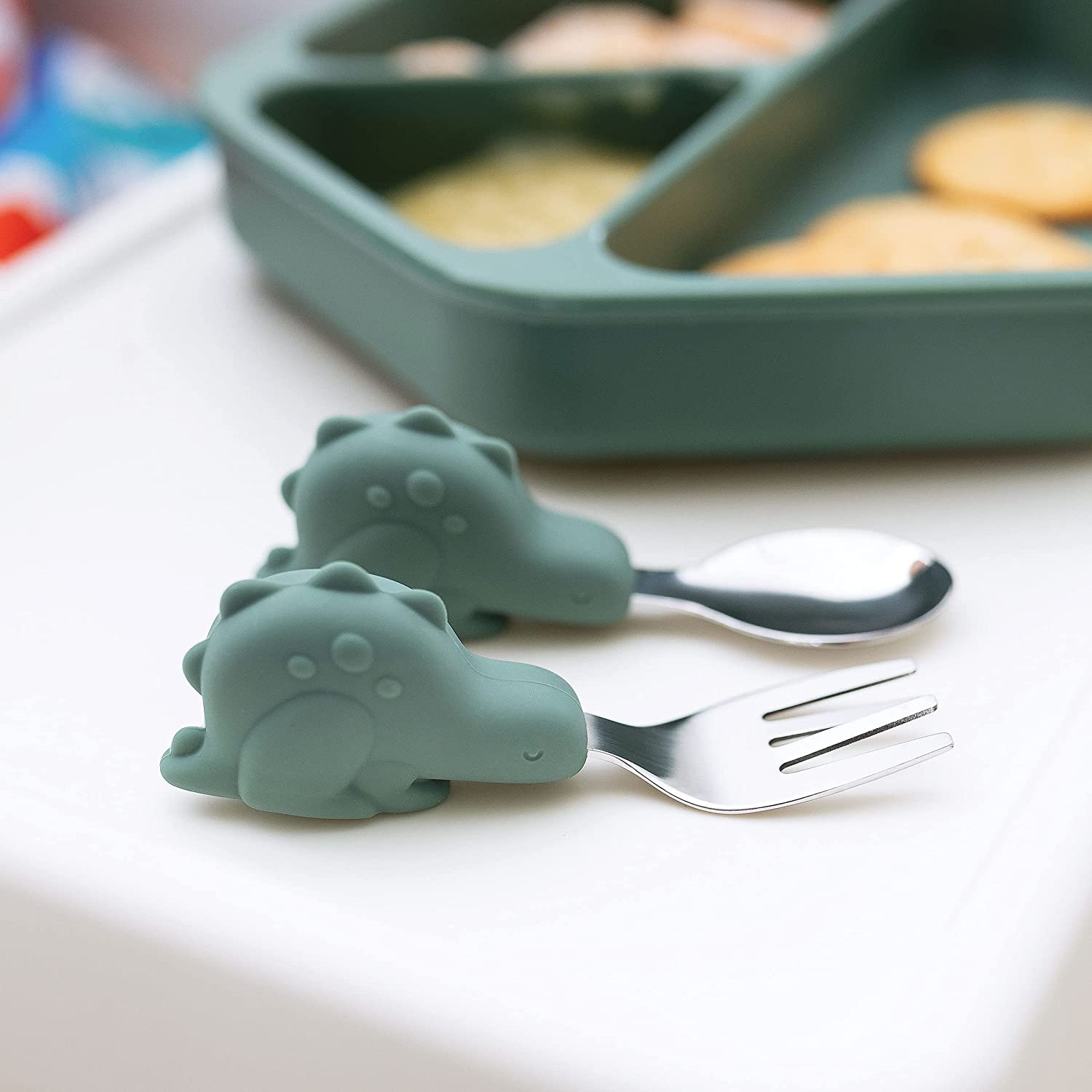 Tiny Twinkle - Silicone Stainless Steel Training Utensils - Olive Dino