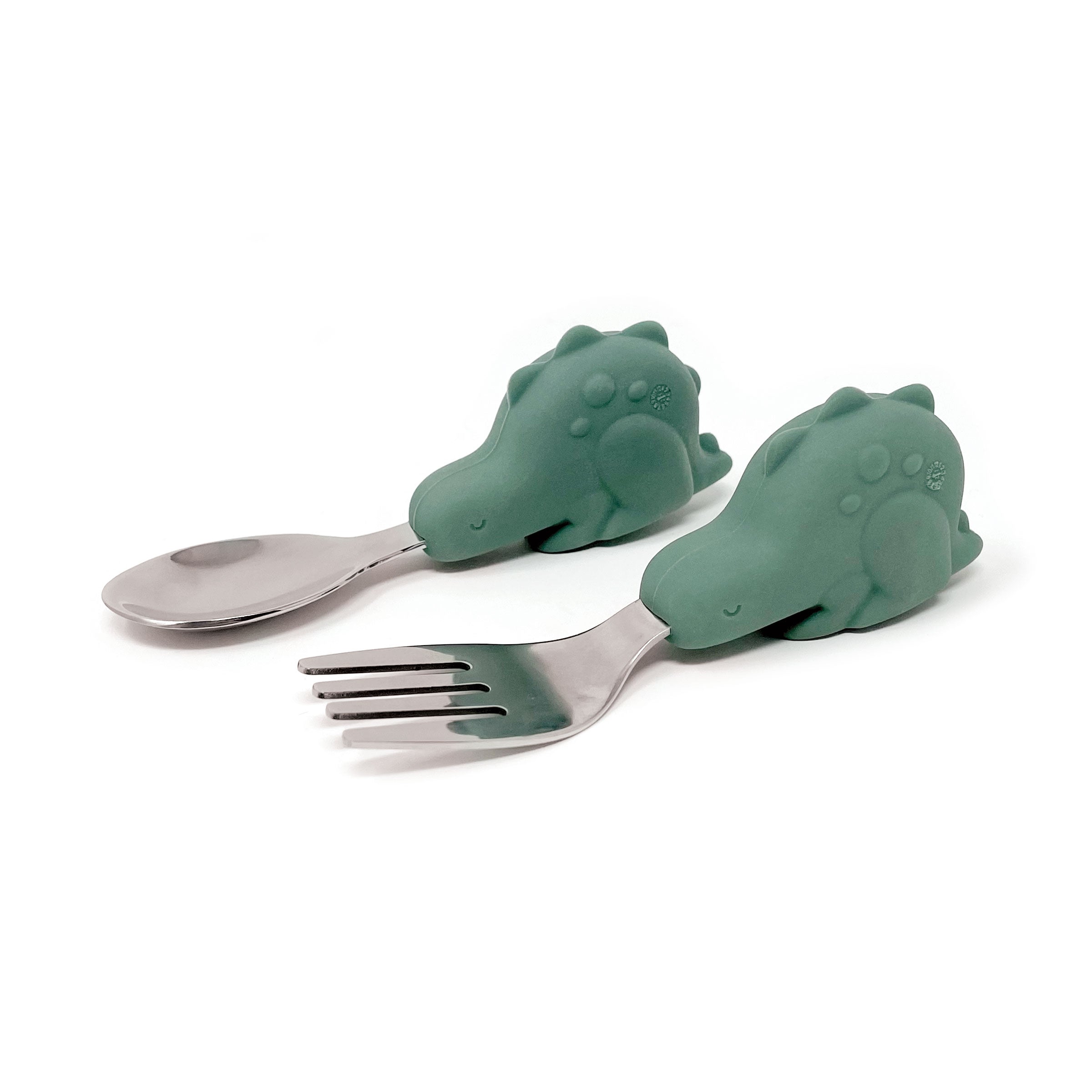 Tiny Twinkle - Silicone Stainless Steel Training Utensils - Olive Dino