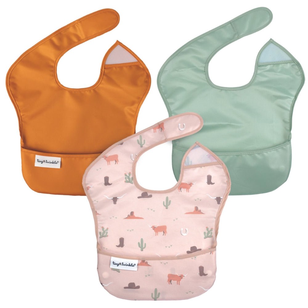 Tiny Twinkle - Mess - Proof Easy Bib 3 pack - Cowboy, Cinnamon, Sage
