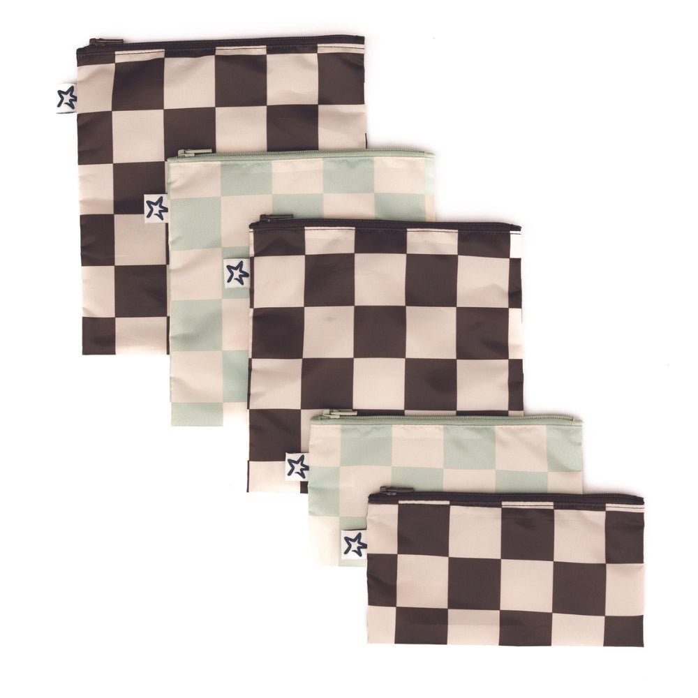 Tiny Twinkle - Mess - Proof Snack Bag 5 Pack - Black & Sage Checkers